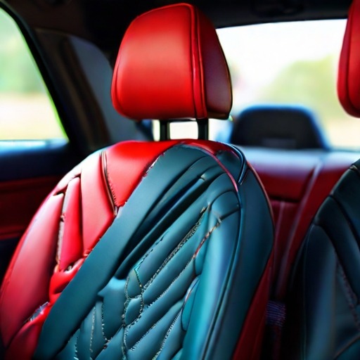 A close-up image of the newly installed seat cover on the car seat. The seat cover should be of a vibrant color, contrasting with the car's interior. The image should radiate a sense of freshness and newness. The style should be hyperrealistic to focus on the texture and quality of the seat cover. The file type should be PNG, and the aspect ratio should be 1:1.